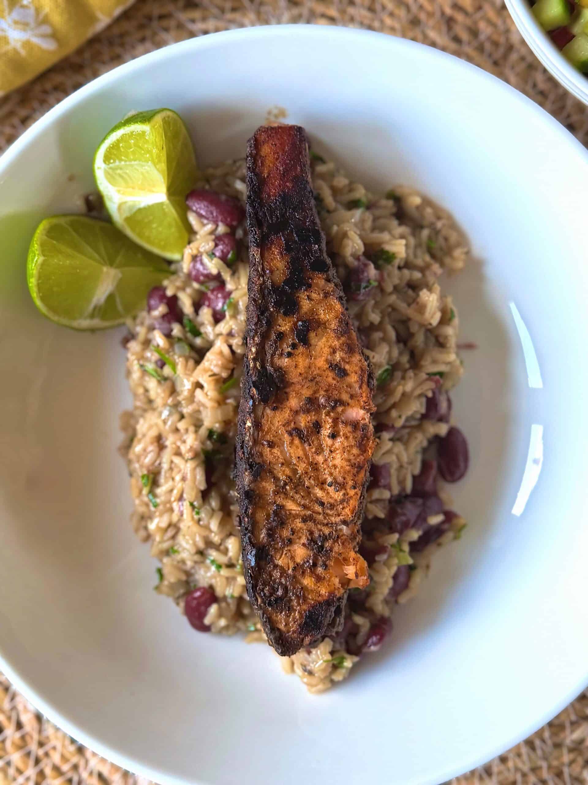 jerk salmon and rice and peas with lime