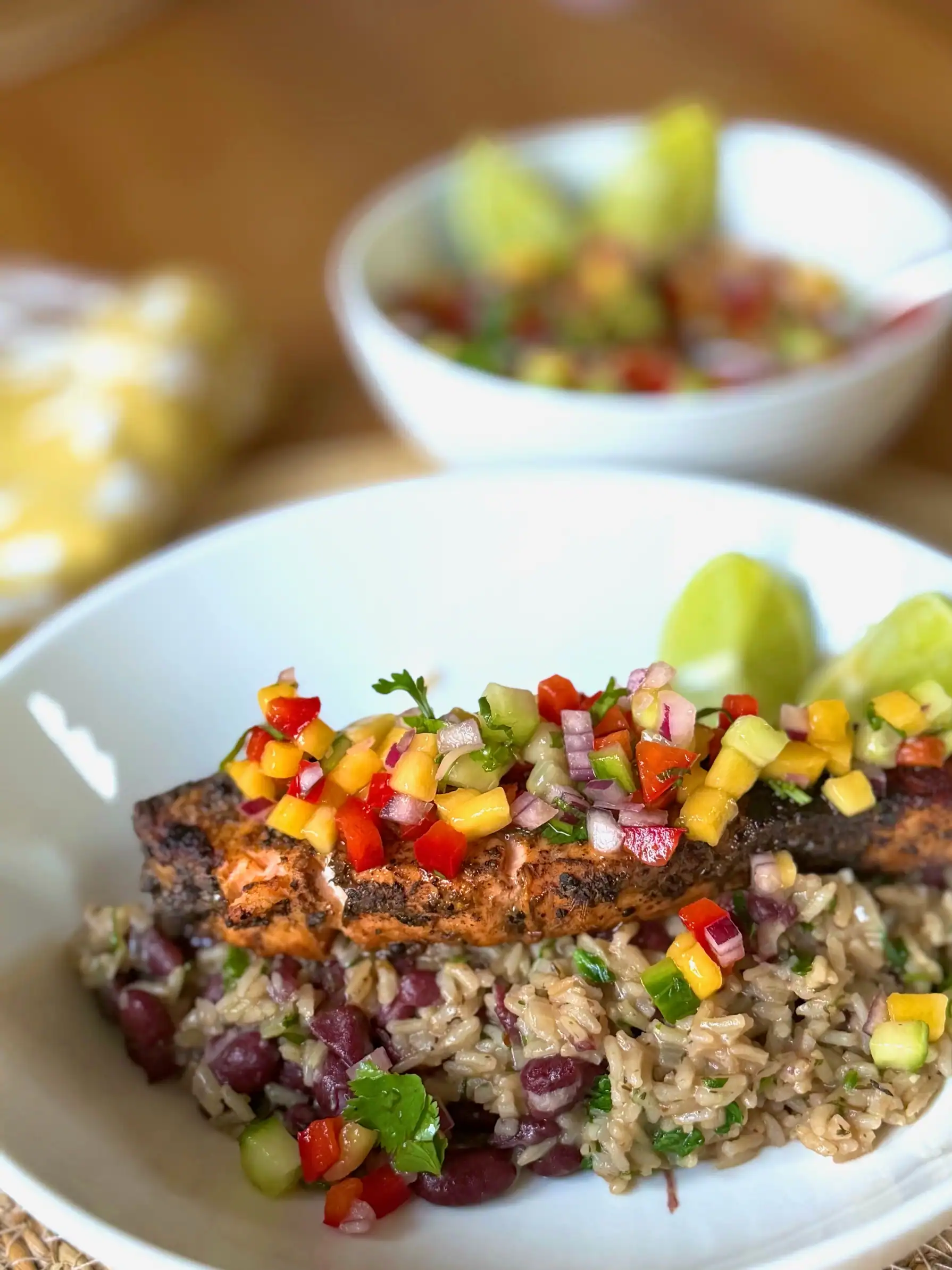 jerk salmon with rice and peas