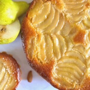 Poached pear and frangipane tart with fresh pear