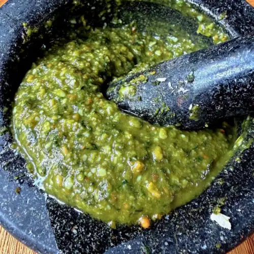 pesto in pestle and mortar