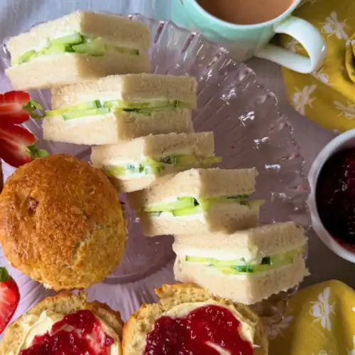 scones cream tea with cucumber sandwiches