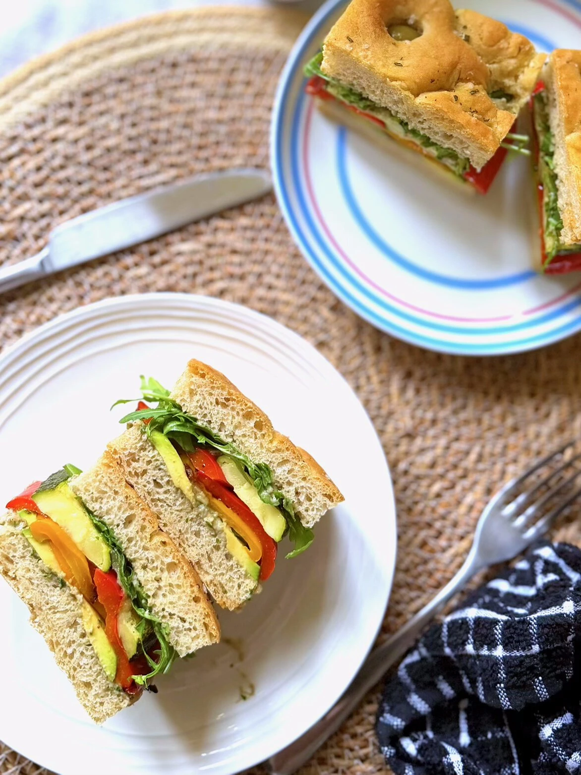 roasted veg and baba ganoush and avocado sandwich
