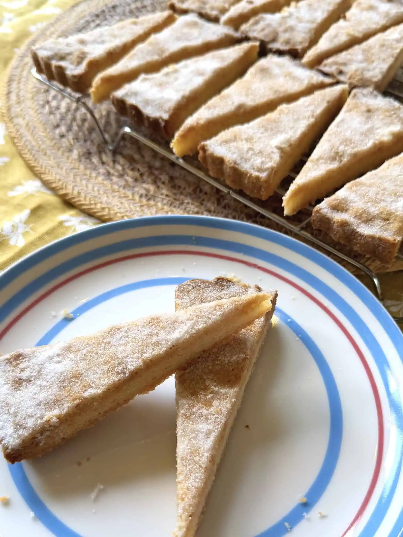 shortbread on a plate with shortbread on a cooling rack in the background