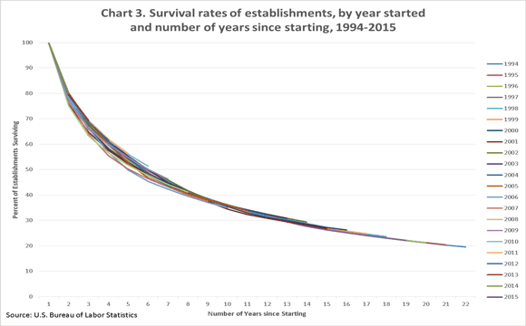 Chart showing survival rates of new businesses from 1994 to 2015.