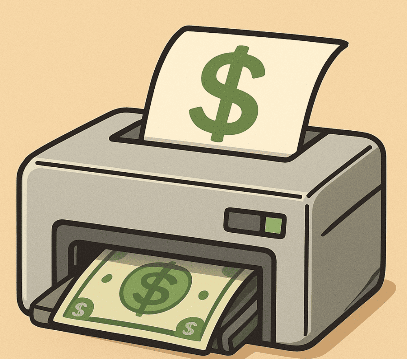 Printer printing dollar bills symbolizing money creation and financial influence.