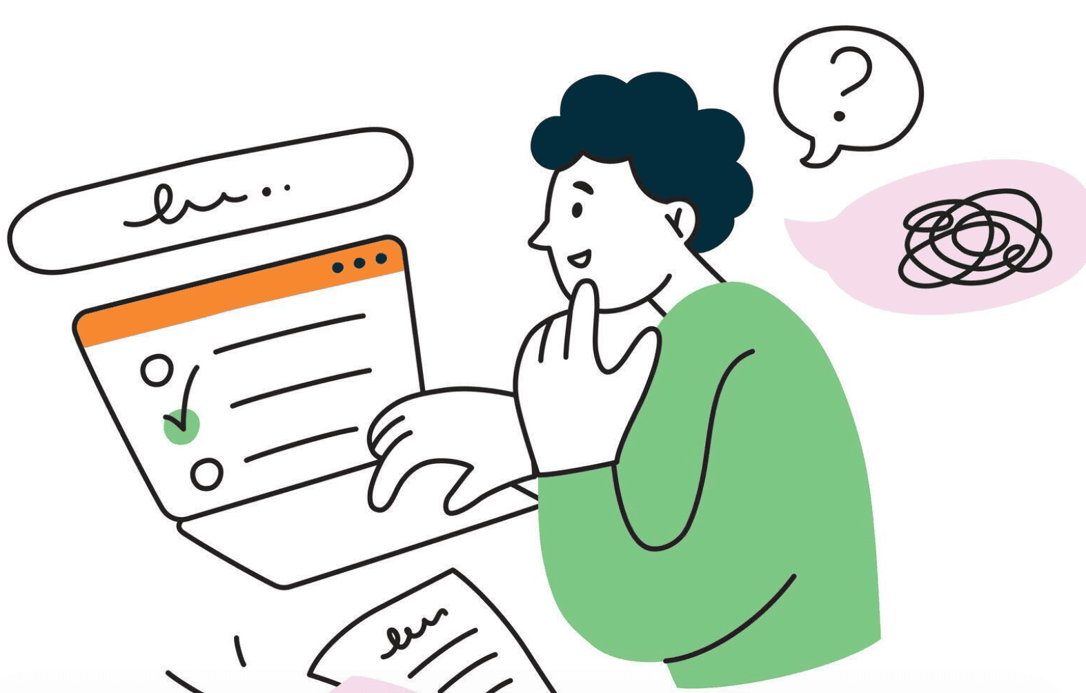 Illustration of a person analyzing AI models with a laptop and confused thoughts.