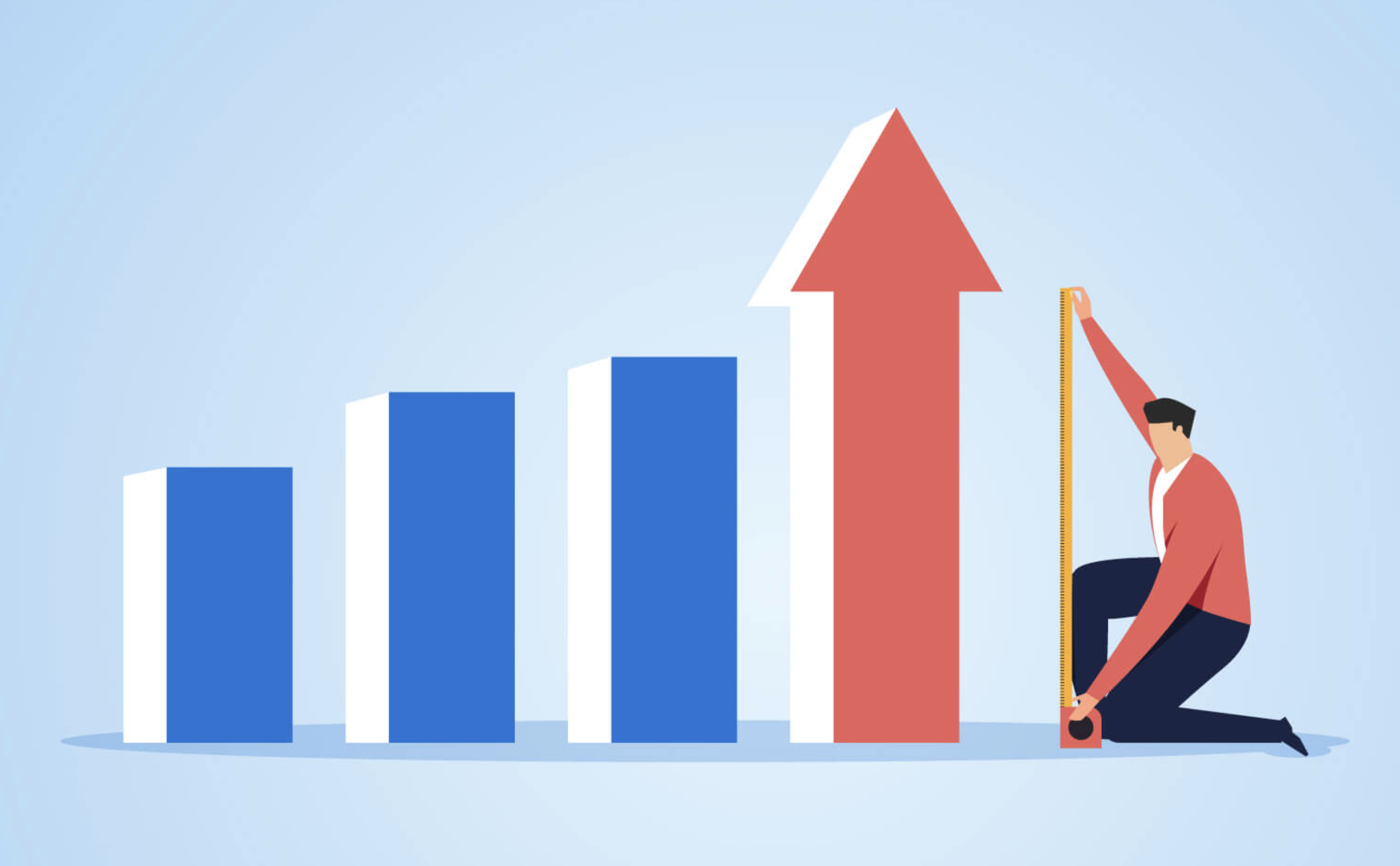 Business growth chart with upward arrow and person measuring progress.