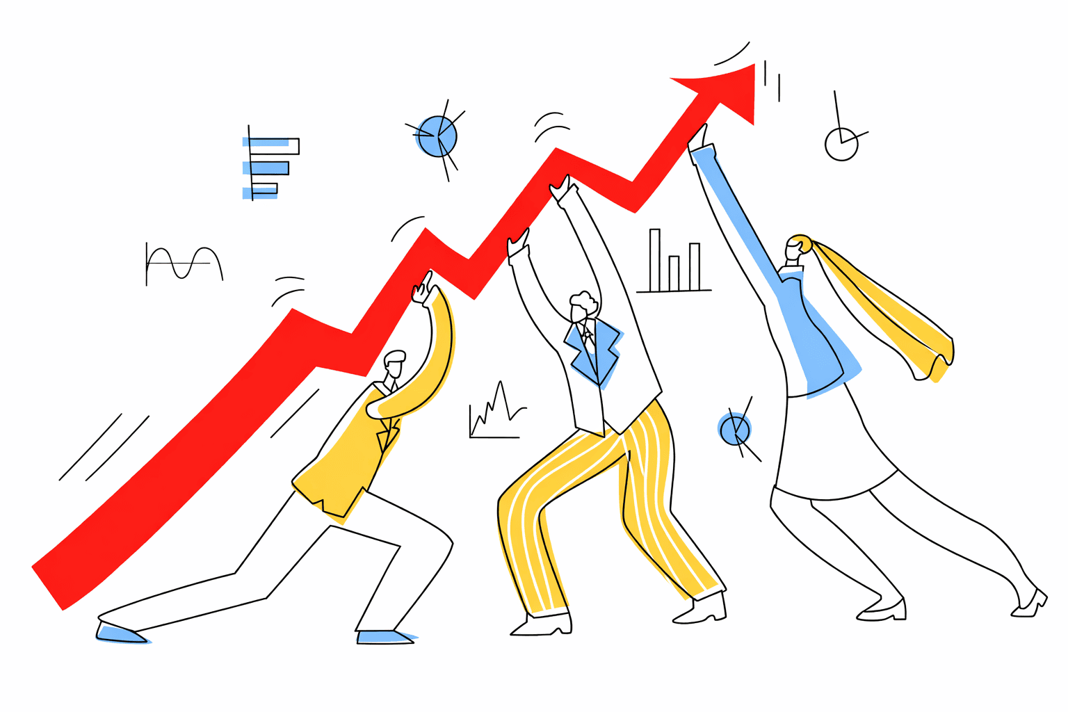 Business team lifting a rising sales growth arrow with charts and graphs.