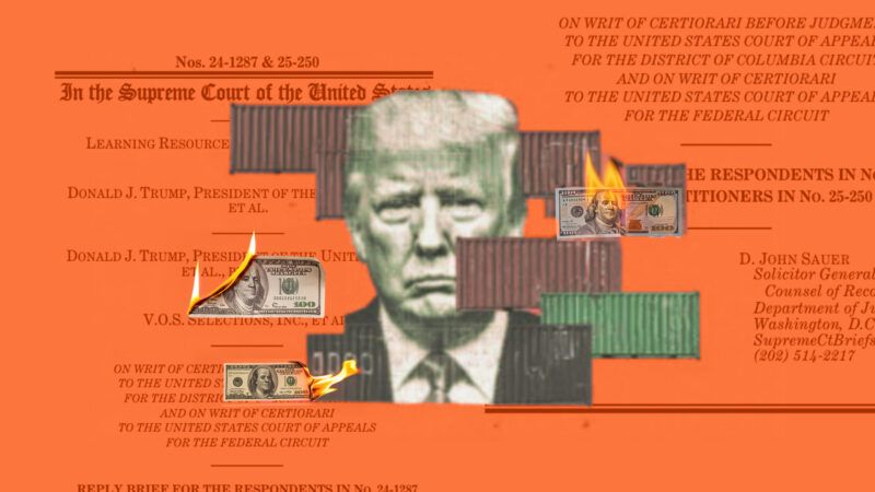 Image of Donald Trump with dollar bills and court background, related to tariffs and Supreme Court d.