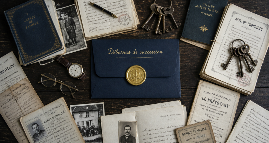 débarras succession table avec documents et objets