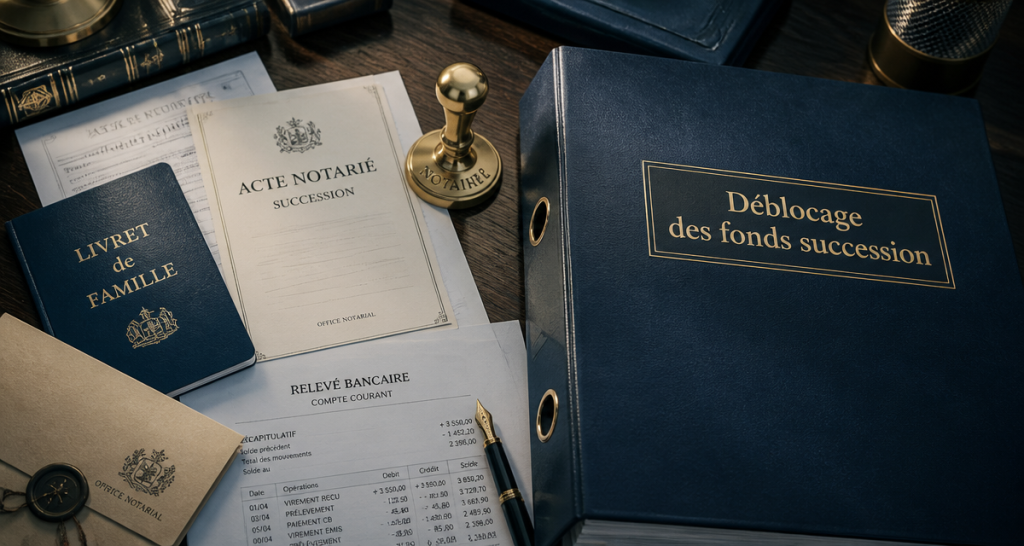 déblocage des fonds succession notaire, documents officiels sur table