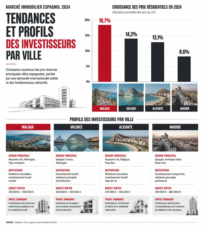 Infographie comparative des marchés immobiliers à Malaga, Valence, Alicante et Madrid pour investir en immobilier en Espagne