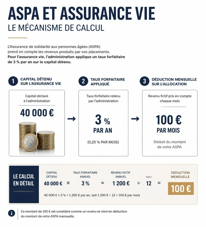 Infographie expliquant l'impact de l'assurance vie sur le calcul de l'ASPA et le minimum vieillesse