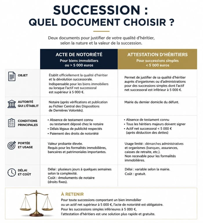Tableau comparatif des documents pour l'acte de dévolution successorale