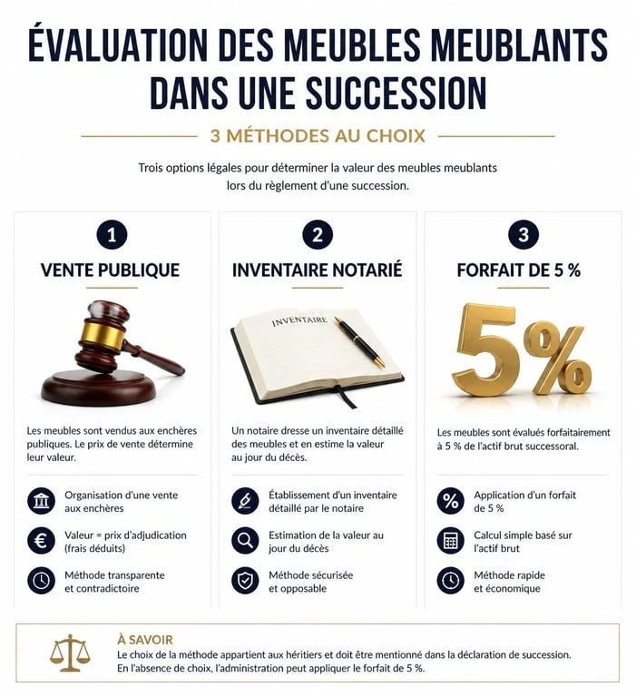 Infographie comparative des méthodes d'évaluation des meubles meublants dans une succession