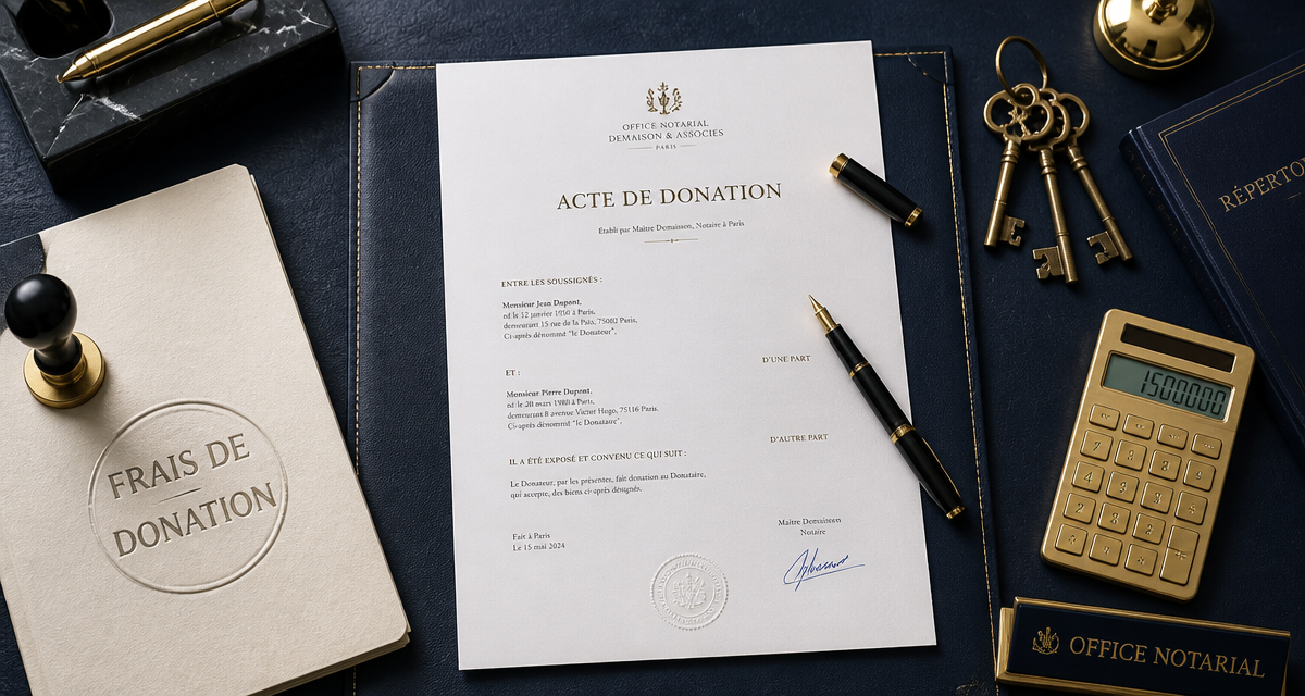 notaire donation frais sur bureau élégant avec acte et calculatrice