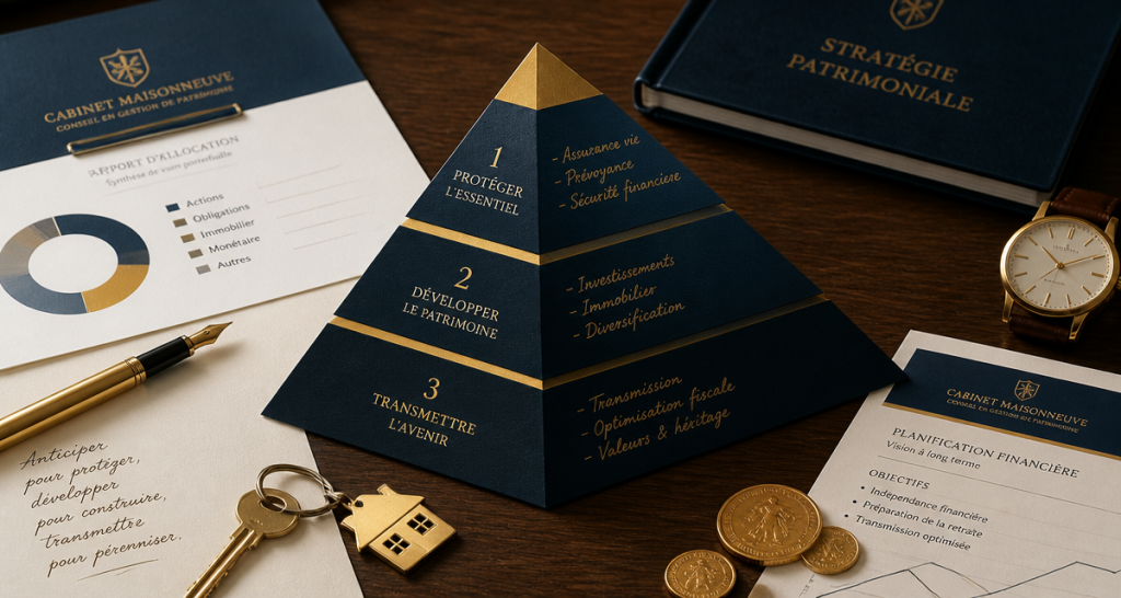 pyramide patrimoniale en papier sur bureau financier