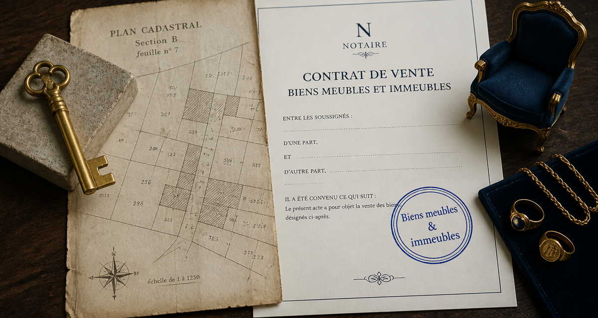 bien mobilier ou immobilier, plan cadastral, contrat notarié, objets