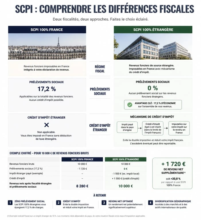 Infographie comparative de la fiscalité des SCPI étrangères vs France