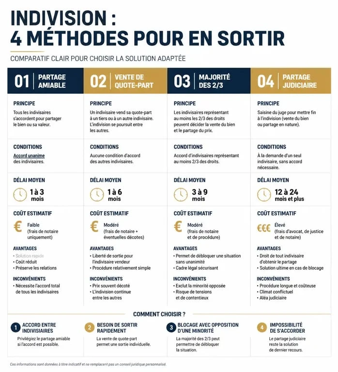 Tableau comparatif des méthodes pour sortir d'une indivision : partage amiable, vente de quote-part, majorité des 2/3 et partage judiciaire