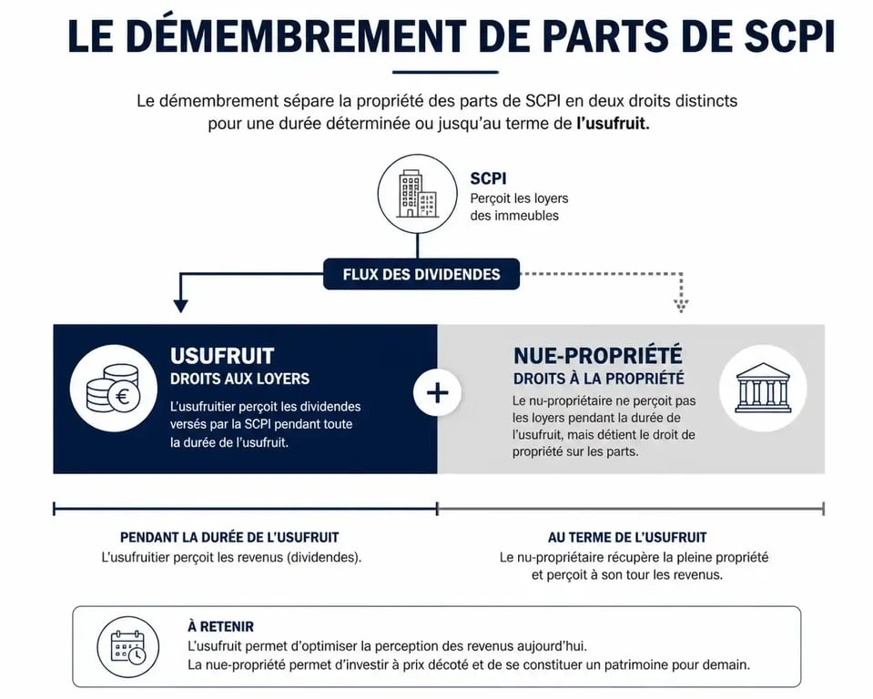 Schéma explicatif du démembrement de parts de SCPI : usufruit et nue-propriété