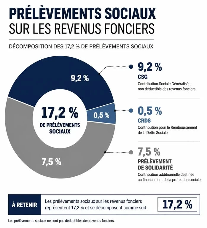 Infographie explicative des prélèvements sociaux sur revenu foncier en France