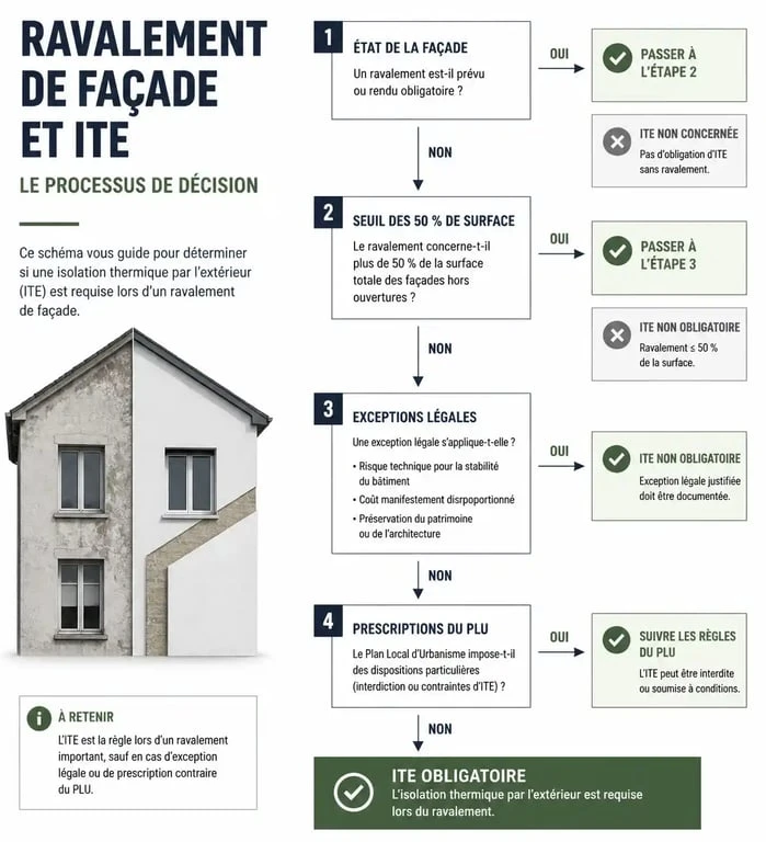 Infographie explicative sur la nouvelle loi ravalement de façade et les obligations d'isolation thermique par l'extérieur