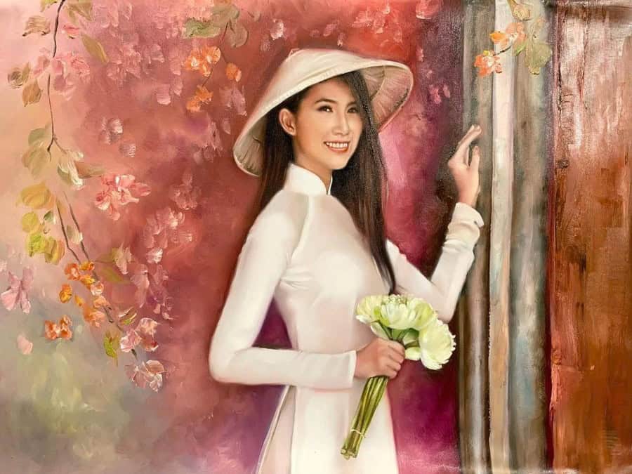 Vẽ tranh chân dung sơn dầu cô gái mặc áo dài trắng, đội nón lá, cầm bó hoa sen trắng