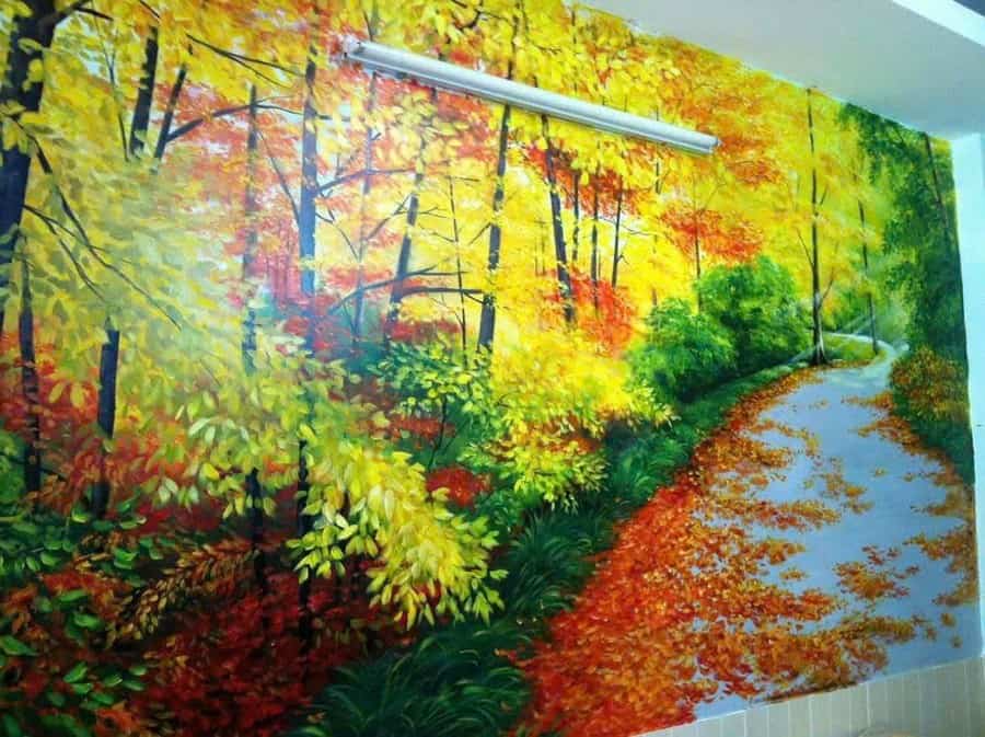 Tranh tường phong cảnh rừng thu lá vàng, vẽ tay kín cả mảng tường