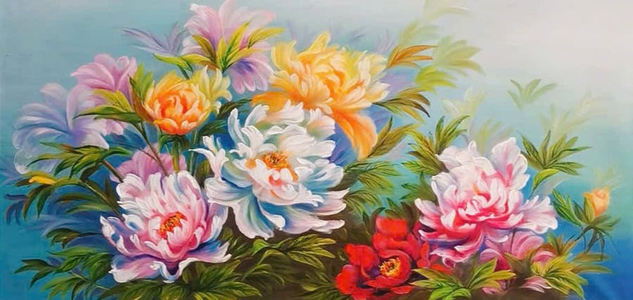 Mẫu tranh tường hoa mẫu đơn nhiều màu, họa sĩ vẽ tay, vẽ được lên tường theo kích thước yêu cầu