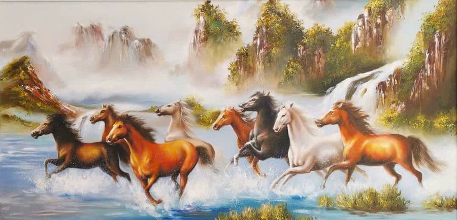 Mẫu tranh tường mã đáo thành công: tám con ngựa phi qua thác nước