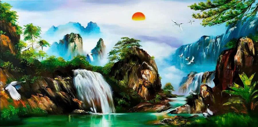 Mẫu tranh tường sơn thủy: thác nước, núi non và hạc trắng
