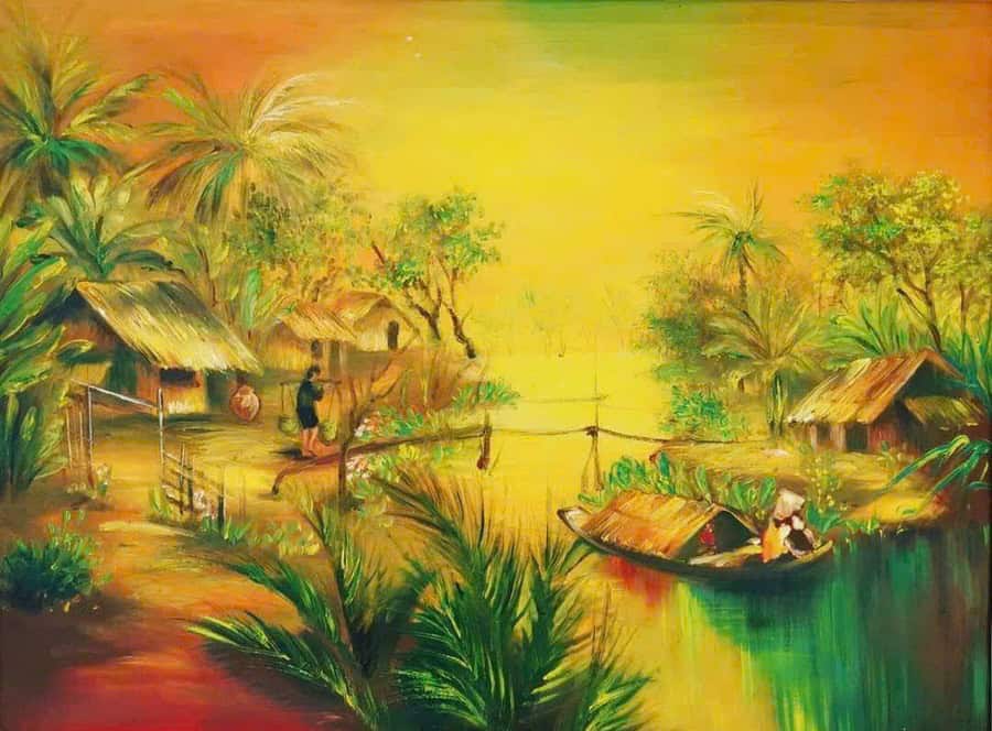 Mẫu tranh tường quê sông nước miền Tây: nhà lá, ghe xuồng trong nắng chiều