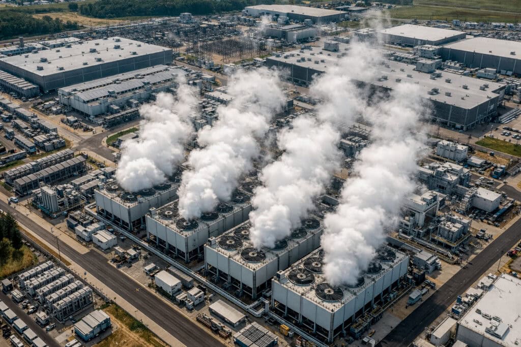 Consumo de agua de centros de datos de IA torres de enfriamiento liberando vapor