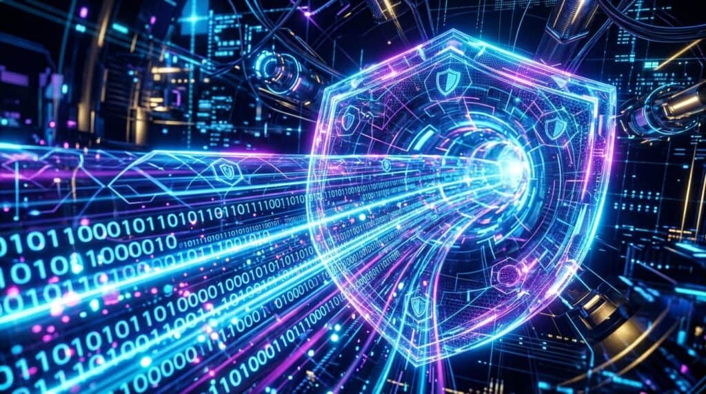 Secure digital data protection concept with futuristic shield and data streams.