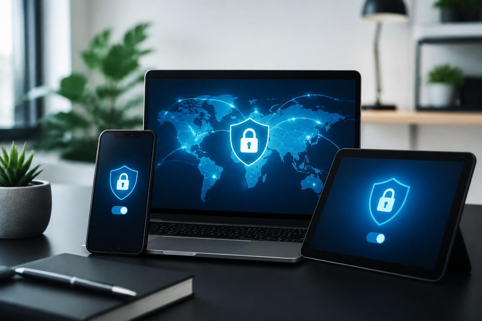 A workspace with a laptop and devices showing digital network connections symbolizing internet security.