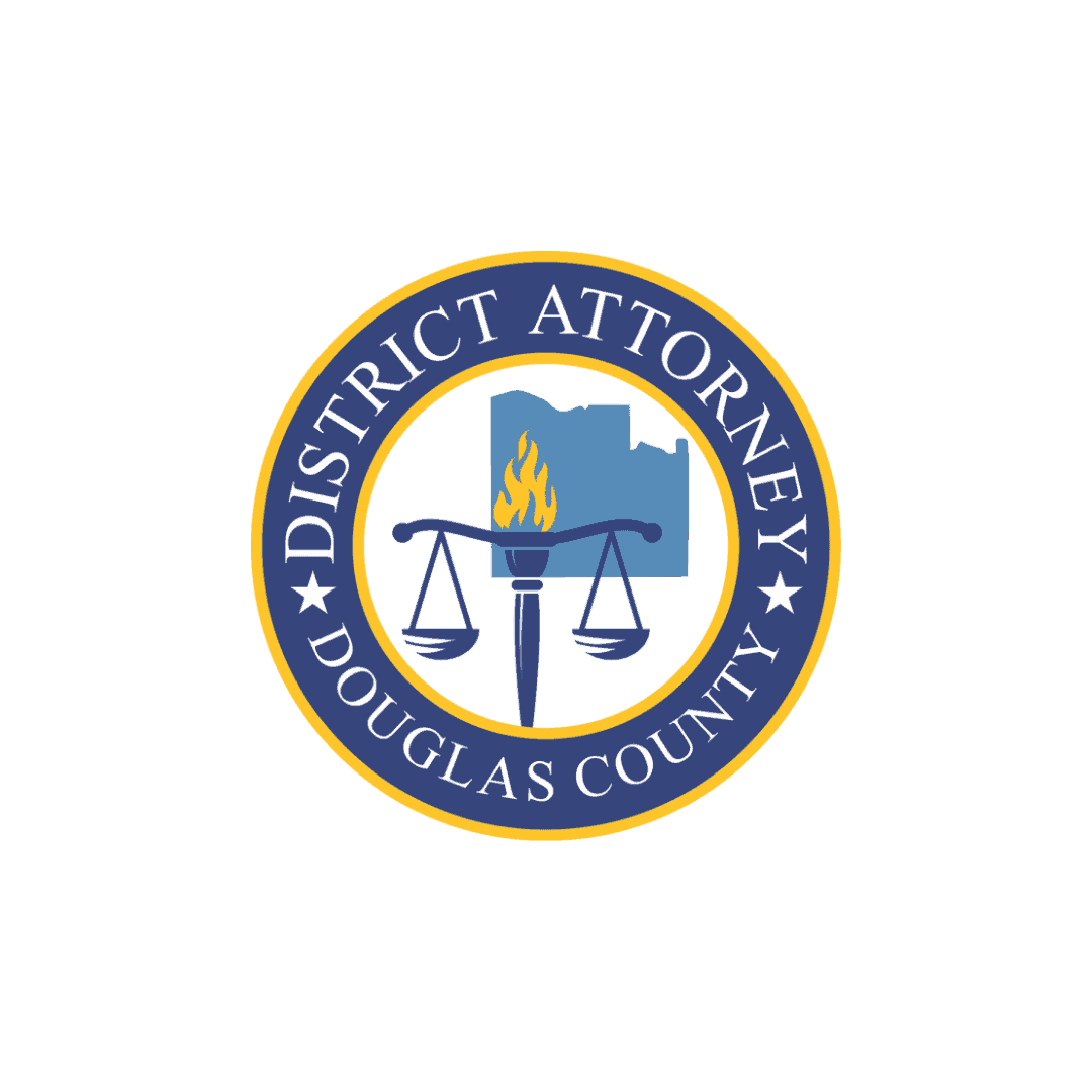 Firefight gear display with district attorney emblem featuring a blue shield, scales of justice, and a flame, representing Douglas County's legal authority and commitment to justice.