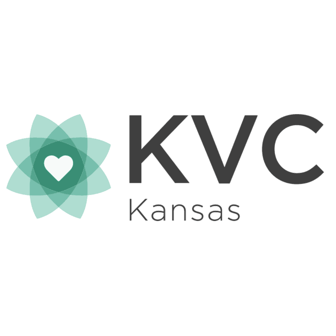 Engaging image of Kansas Voice Corps (KVC) logo featuring a teal-colored, abstract flower with a white heart at the center, representing compassion and community support.