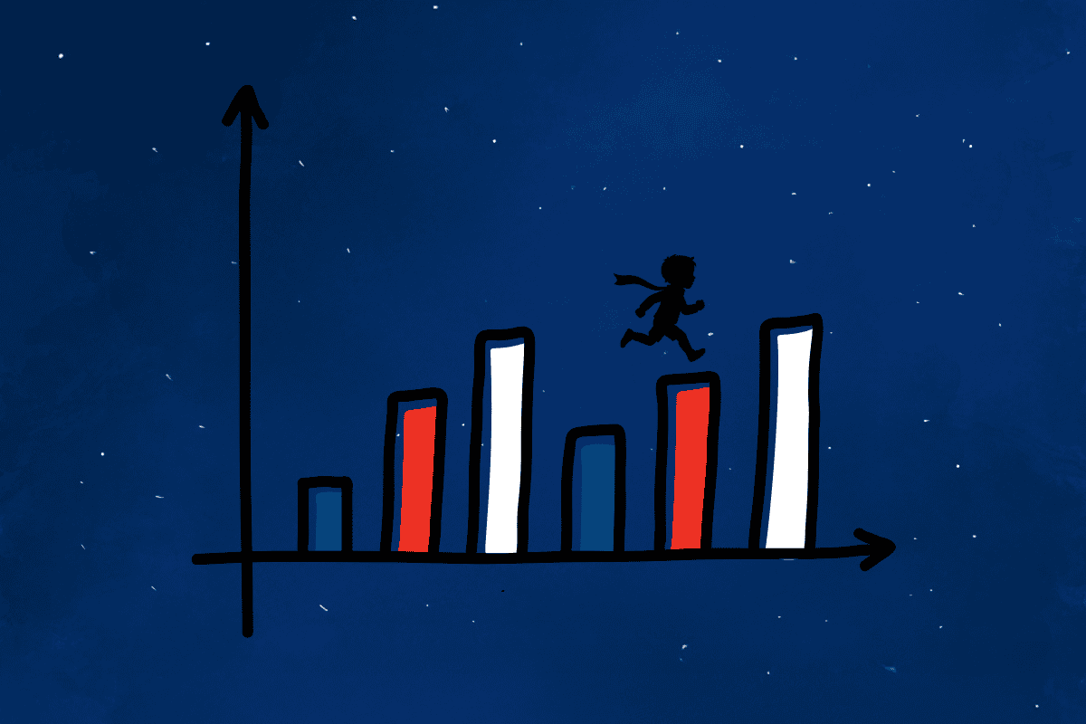 A silhouetted child running upward across a bar graph with red, white, and black bars set against a starry night sky, symbolizing progress and growth in educational or developmental achievements.