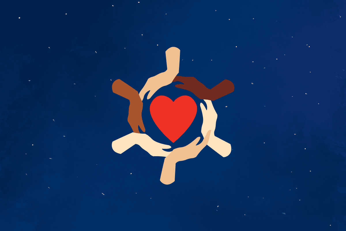Mutually supportive hands holding a red heart symbolizing compassion, diversity, and community care in the fight against diabetes.