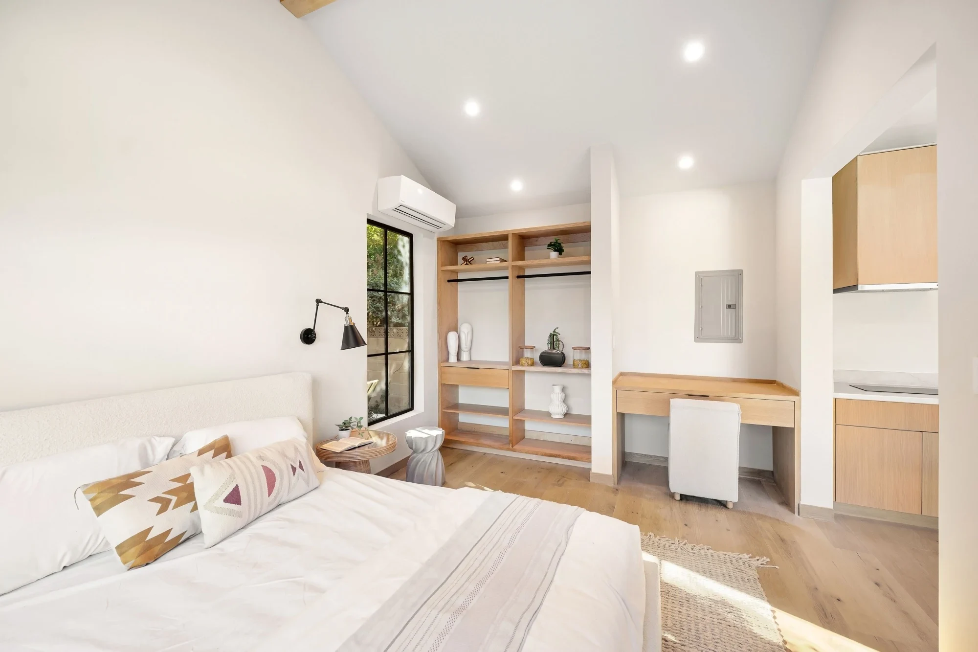 ADU Interior Design with Modern Furniture and Shelving.