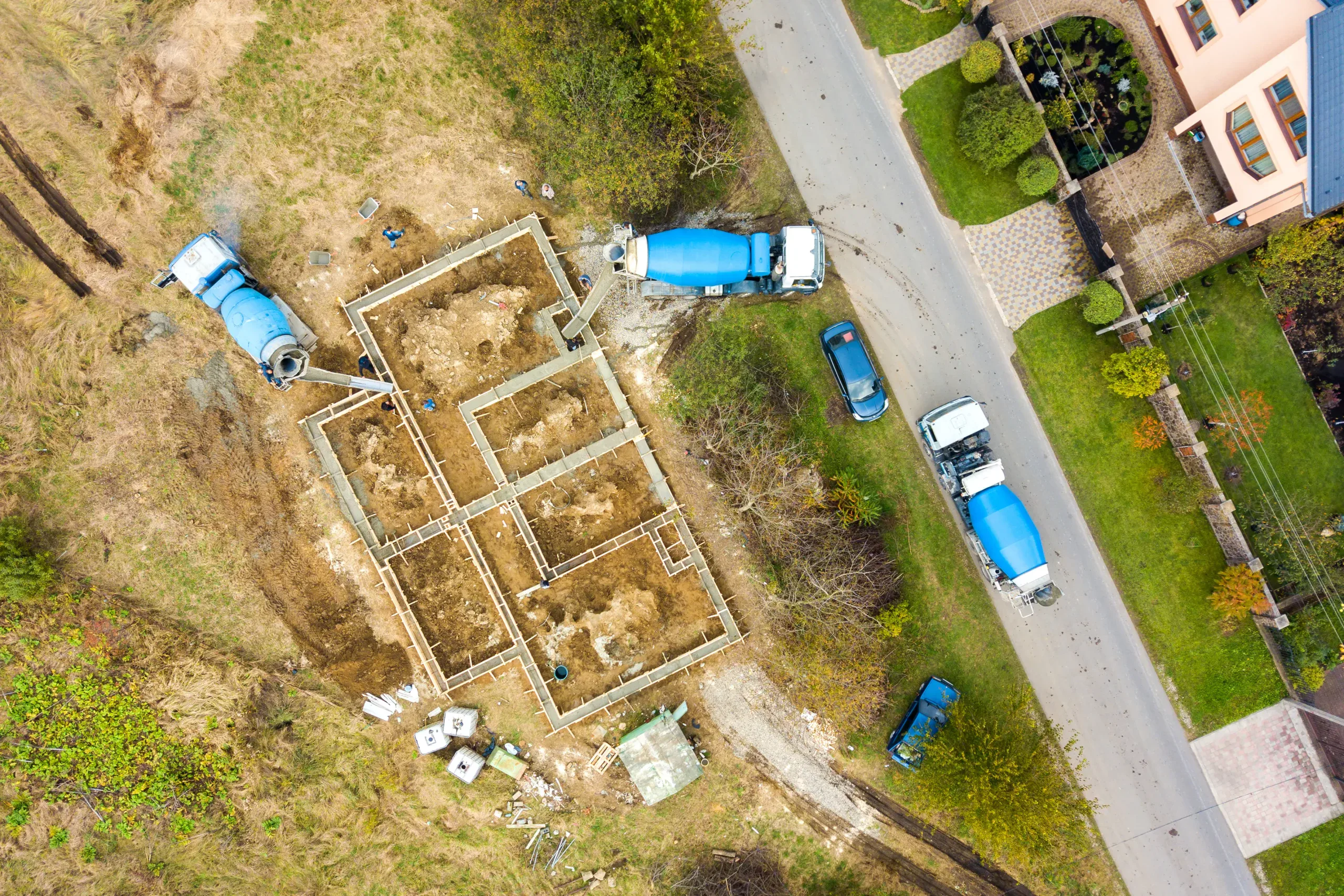 Foundation construction site with concrete forms and reinforcement for a secure home.