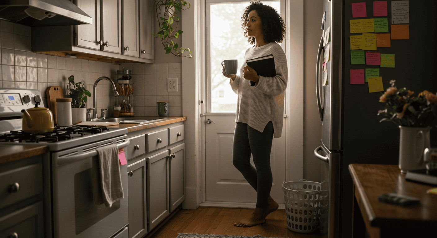 A woman standing in a kitchen holding a cup.