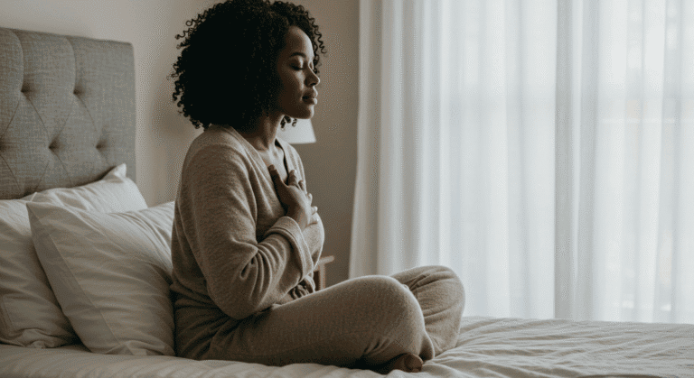 black woman sitting on bed with hand over heart, thinking about how to live a soft life