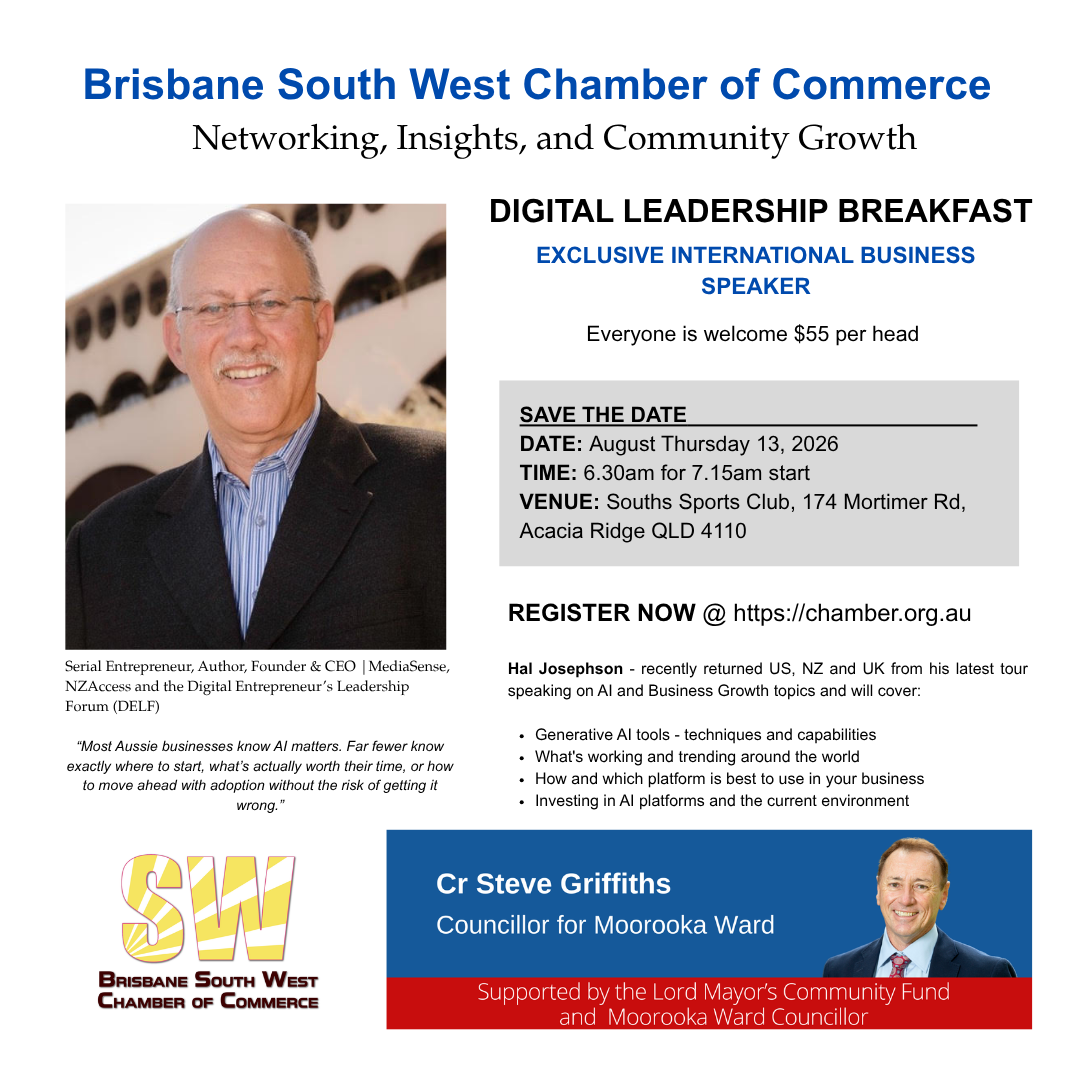 Hal Josephson speaking on AI and digital business leadership at the South West Chamber of Commerce breakfast event at Souths Sports Club in Acacia Ridge, Brisbane.