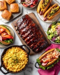 Traditional American dishes for lunch and dinner – classic comfort food favorites with BBQ ribs, mac and cheese, and pies.