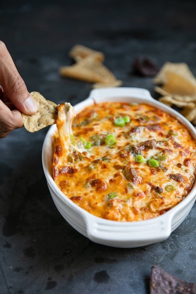 Buffalo chicken dip baked until bubbly.