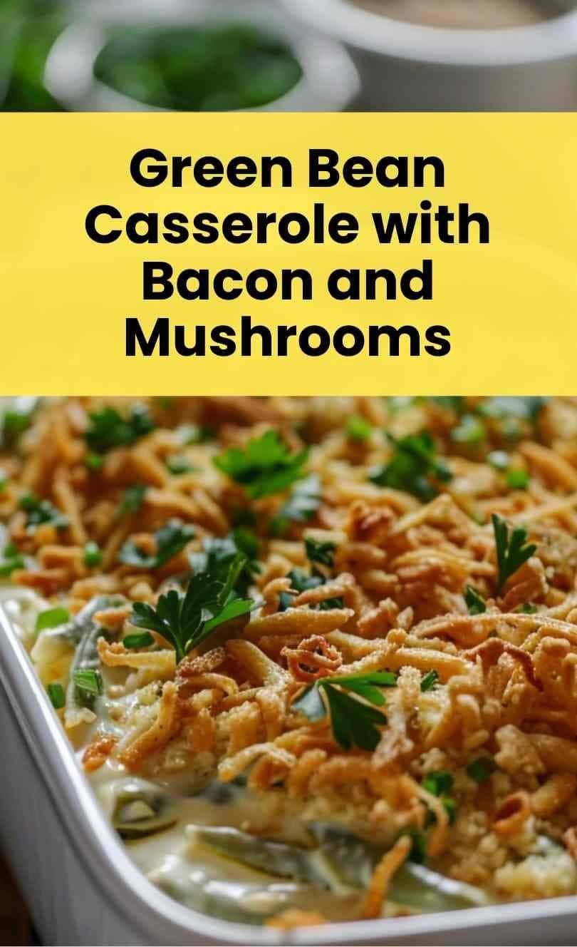 Creamy green bean casserole with bacon and mushrooms — rich sauce, crispy onions, and perfect holiday flavor