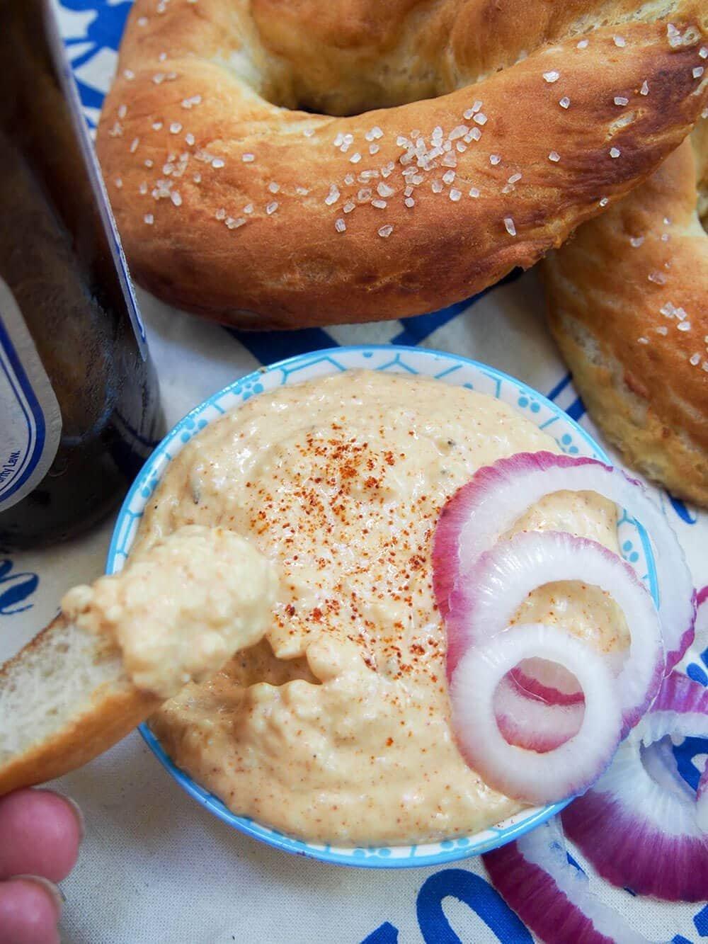German Obatzda beer cheese dip with pretzels.