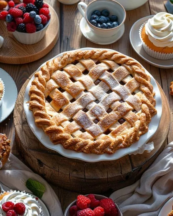 Classic American dessert recipes — apple pie, cupcakes, brownies, and ice cream cake displayed on a rustic table, representing traditional U.S. sweet treats